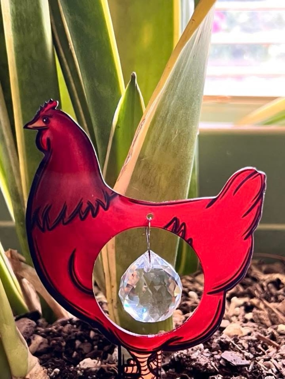 Red Hen Garden Stake with Crystal Prism - Chicken decor